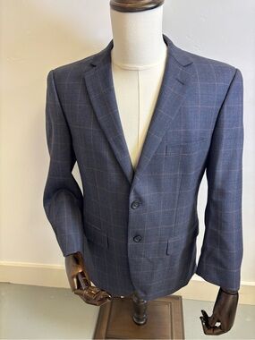 JOSEPH FEISS WOOL BLAZER JACKET SPORT COAT WINDOWPANE MEN 40 SHORT  DARK BLUE